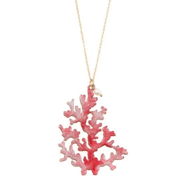 Jewelry - Coral Pendant Enamel Long Necklace & Earring Set